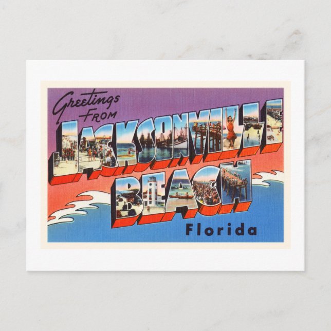 Cartão Postal Jacksonville Beach Flórida FL Antiga Viagem Souven (Frente)