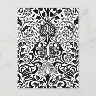 Cartão Postal Jacobean Floral Damask, Black, White e Cinzas
