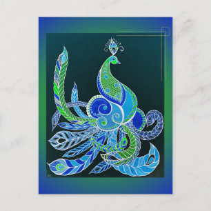 Cartão Postal Jade Majestade Pavão verde e azul elegante 