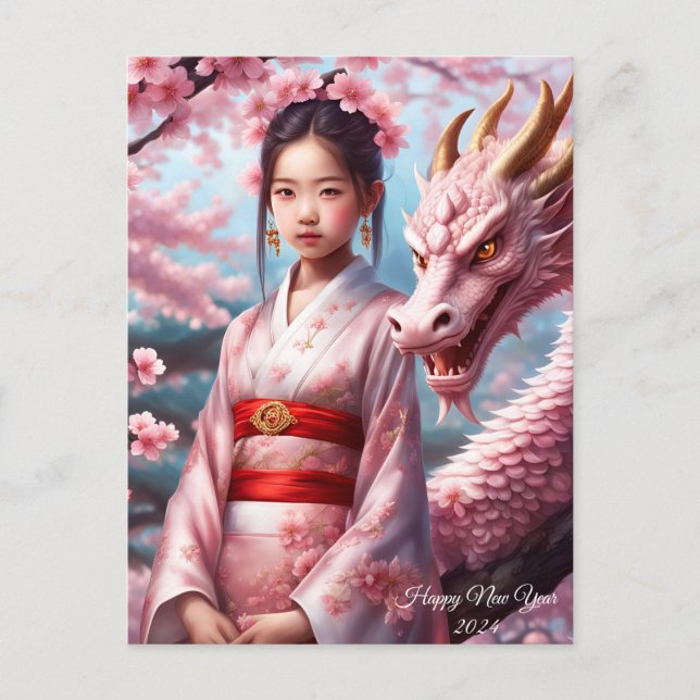 Cartão Postal Jahr des Drachen 2024 - Mädchen zwischen Kirschblü (Frente)