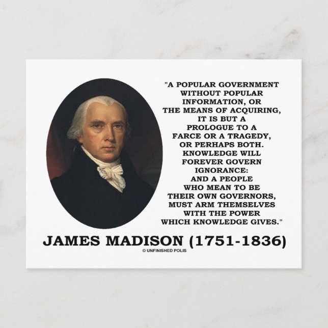 Cartão Postal James Madison Knowledge Forever governa ignorância (Frente)
