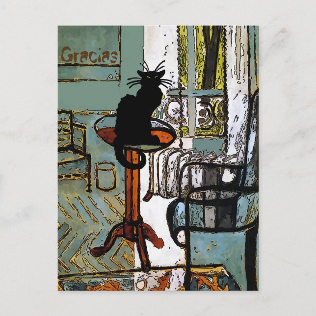 Cartão Postal Janela Verde com Gato Preto, Gracias, alterar text (Frente)