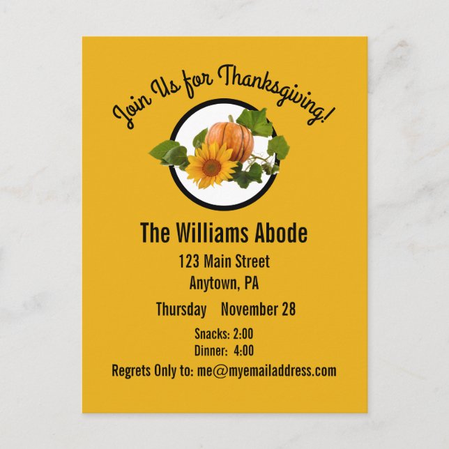 Cartão Postal Janto de Ação de Graças em Pumpkin Pie Orange Pers (Frente)