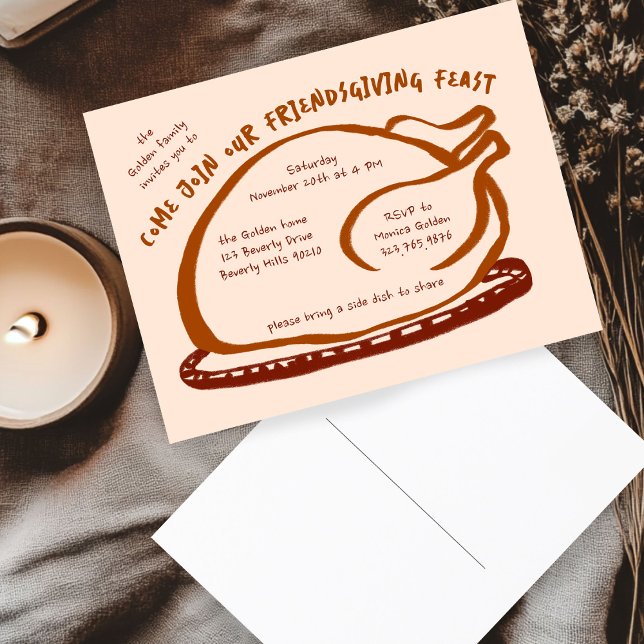 Cartão Postal Janto de Ação de Graças Personalizado (Whimsical Thanksgiving Friendsgiving Dinner Custom Invitation Postcard
)