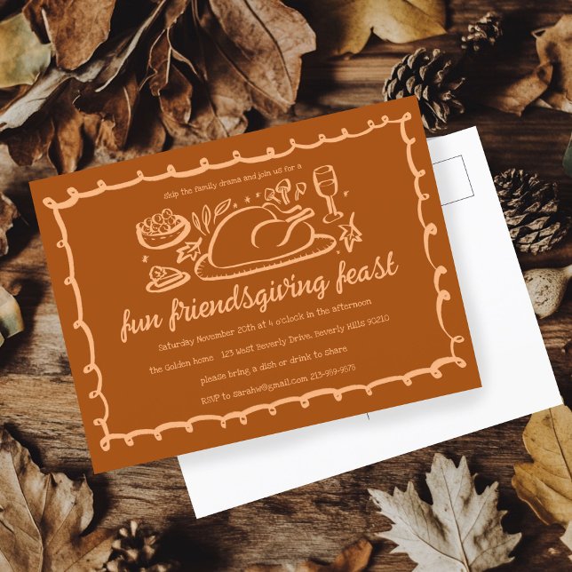 Cartão Postal Janto de Ação de Graças Personalizado (Whimsical Thanksgiving Friendsgiving Dinner Custom Postcard
)