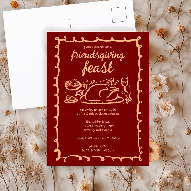 Cartão Postal Janto de Ação de Graças Personalizado (Whimsical Thanksgiving Friendsgiving Dinner Custom Postcard
)