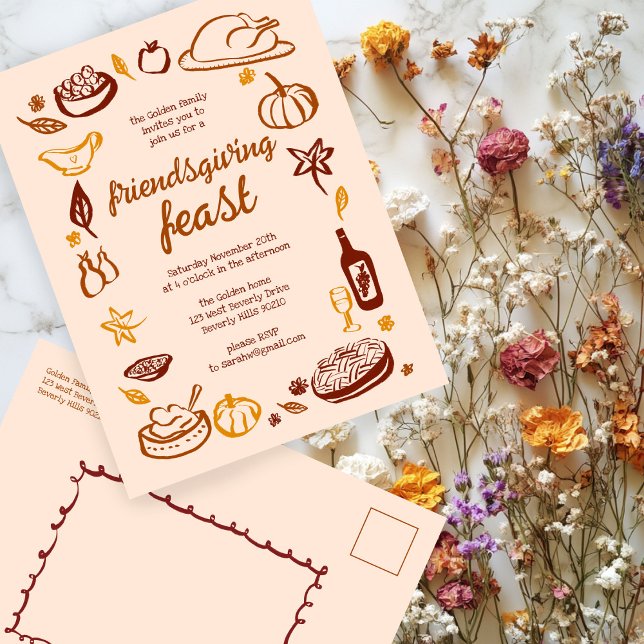 Cartão Postal Janto de Ação de Graças Personalizado (Whimsical Thanksgiving Friendsgiving Dinner Custom Party Invitation Postcard
)