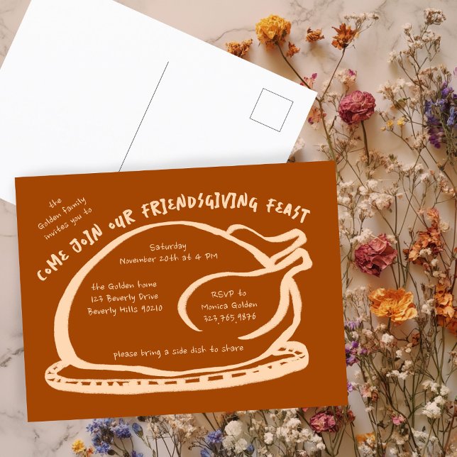 Cartão Postal Janto de Ação de Graças Personalizado (Whimsical Thanksgiving Friendsgiving Dinner Custom Postcard
)