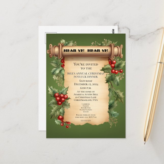 Cartão Postal Janto de Natal Potluck Velho World Scroll Convidad (Frente/Verso In Situ)