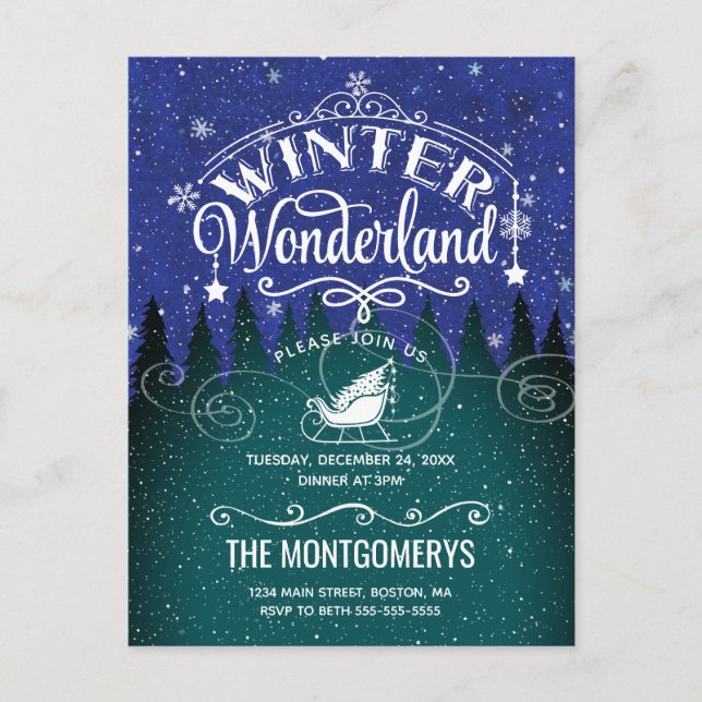 Cartão Postal Janto de Natal Winter Wonderland Script Invite (Frente)
