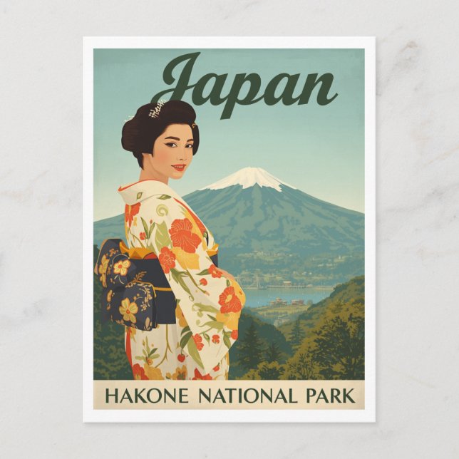 Cartão Postal Japan Hakone Fuji Kimono Retro (Frente)