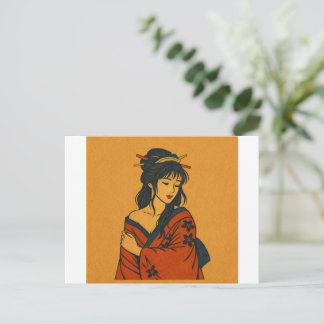 Cartão Postal Japanese Woodblock Style Woman in Kimono – Elegant