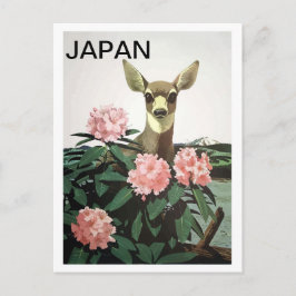 Cartão Postal Japão, cervo em um arbusto de flores, viagem vinta