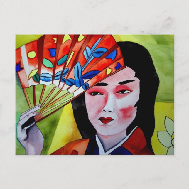 Cartão Postal Japonês Geisha com arte original de aquarela (Frente)