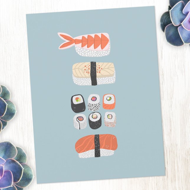 Cartão Postal Japonês Sushi Nigiri Maki Roll Stack (Sushi Japanese food art postcard)