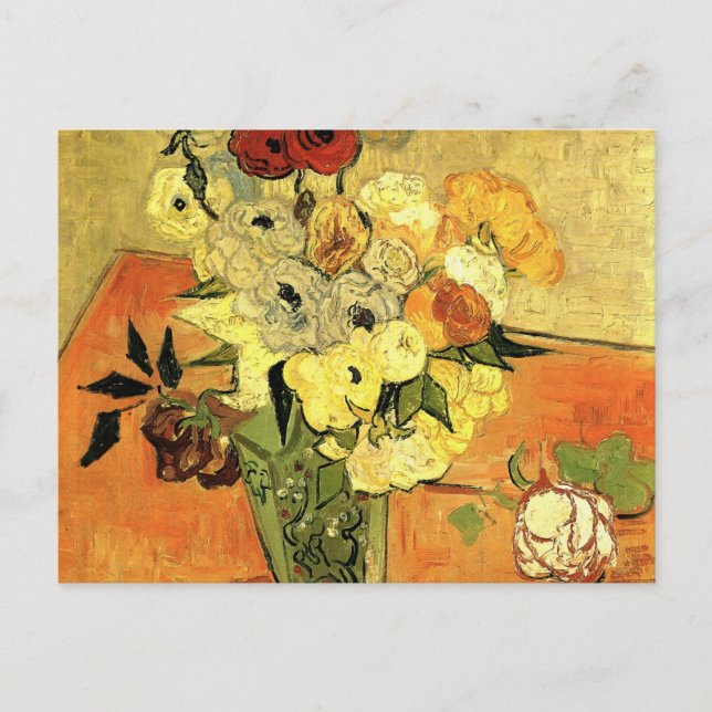 Cartão Postal Japonês Vase, Rosas, Anemones por Vincent van Gogh (Frente)