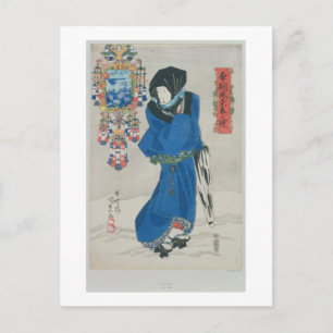 Cartão Postal Japonesa na neve (impressão de bloco de madeira co