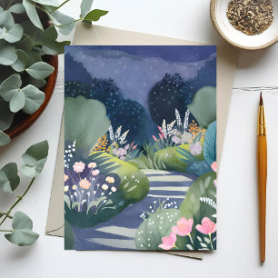 Cartão Postal Jardim da Meia-Noite Caminho Floral em Aquarela