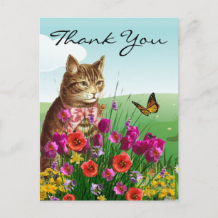 Cartão Postal Jardim de Flores da Primavera com Gato Antigo Obri