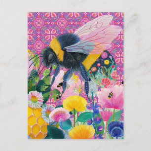 Cartão Postal Jardim de Flores Silvestres Abelha Mel Fantasia