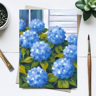 Cartão Postal Jardim de Hortênsia Azul Floral Botânico Aquarela