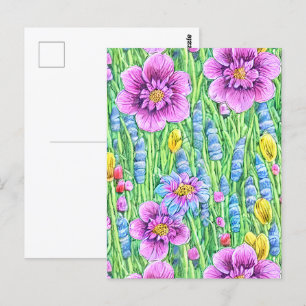 Cartão Postal Jardim de Verão Colorido Flores roxas Verde