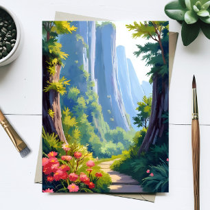 Cartão Postal Jardim Floral Exuberante Aquarela Paisagem Verde