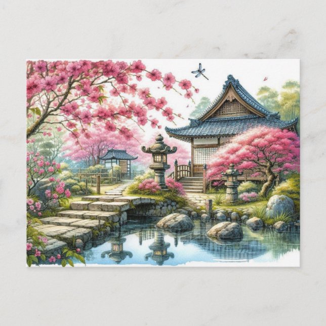 Cartão Postal Jardim Japonês de Primavera de Tranquil (Frente)