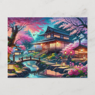 Cartão Postal Jardim Serene Japonês na Pintura de Crepúsculo