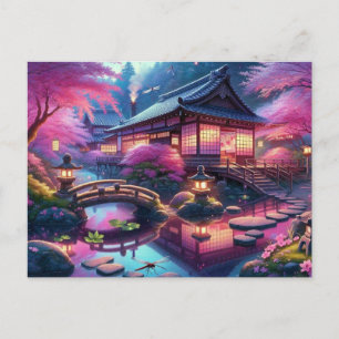 Cartão Postal Jardim Serene Japonês na Pintura de Crepúsculo