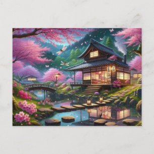 Cartão Postal Jardim Tranquilo Japonês em Pintura Primavera