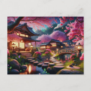 Cartão Postal Jardim Tranquilo Japonês em Pintura Primavera