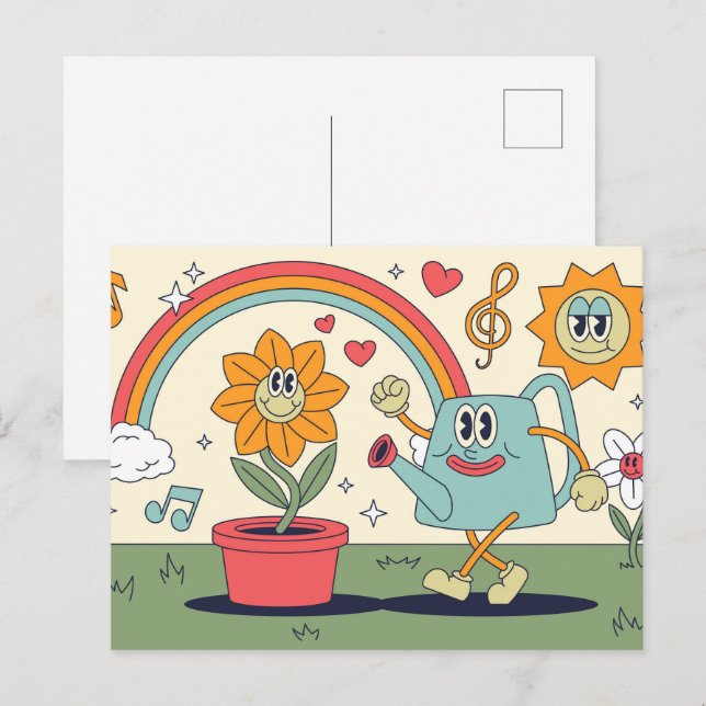 Cartão Postal Jardinagem de Desenho Animado Retrô (Frente/Verso)