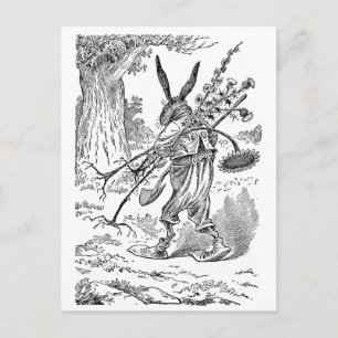 Cartão Postal Jardineiro de Coelho com Pá e Plantas Desenraizad