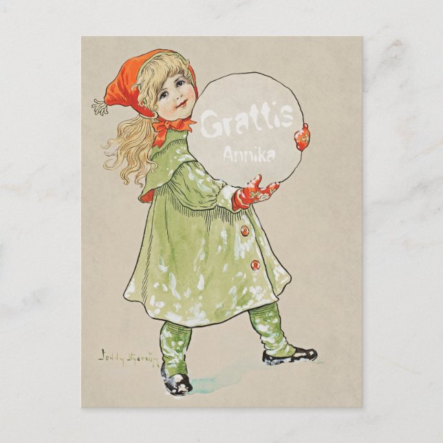 Cartão Postal Jenny Nyström Flicka med snöboll CC0819 Grattis (Frente)