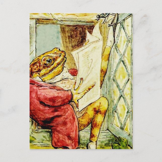Cartão Postal "Jeremy Fisher Lê as Notícias" por Beatrix Potter (Frente)