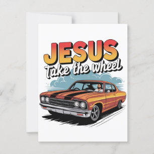 Cartão Postal Jesus Assume o Volante Carro Musculoso Vintage