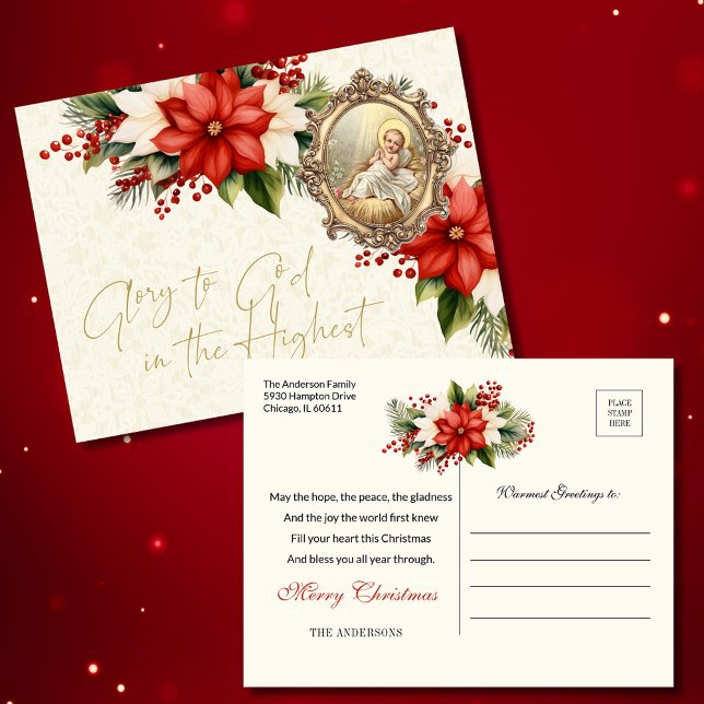 Cartão Postal Jesus Bebê no Natal Poinsettias Feliz Natal (Criador carregado)
