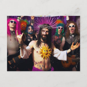 Cartão Postal Jesus Colorido Divertido Festa de Rock Punk