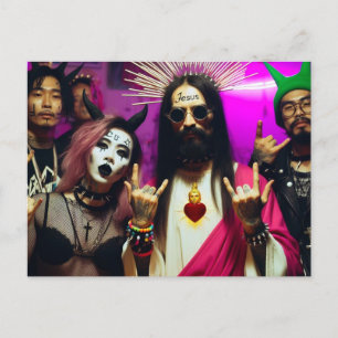 Cartão Postal Jesus Colorido Divertido Festa de Rock Punk Retrô