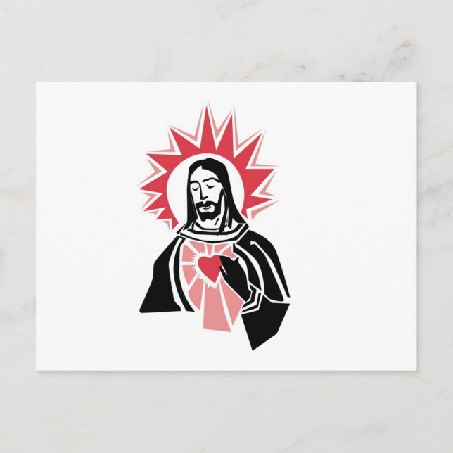Cartão Postal Jesus com Coração Vermelho Brilhante e Halo (Frente)