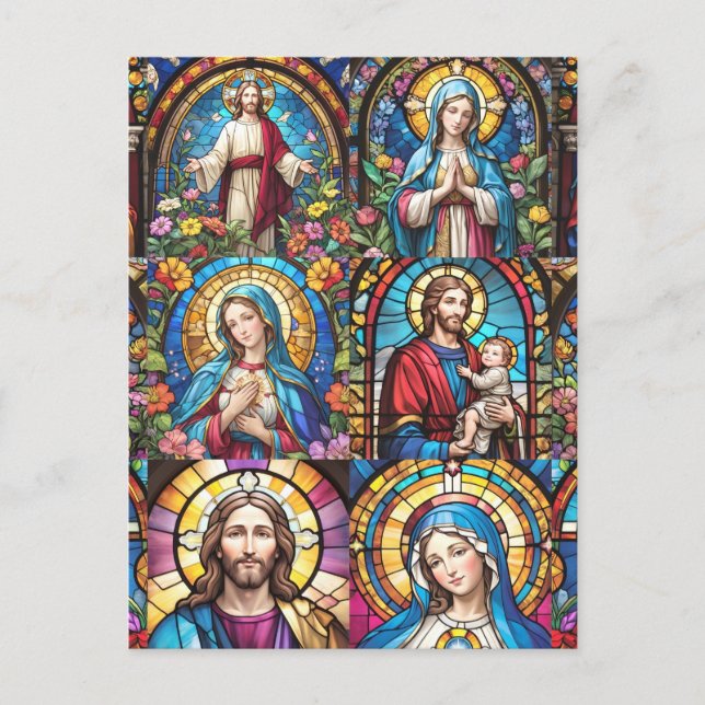 Cartão Postal Jesus Cristo Mary & Joseph Christian StainGlass (Frente)