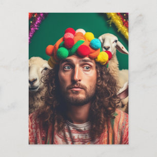 Cartão Postal Jesus engraçado e ovelhas em uma festa de aniversá