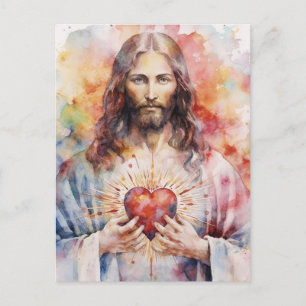 Cartão Postal Jesus sagrado coração aquarela