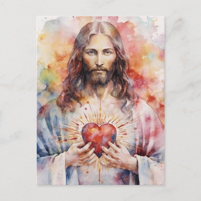 Cartão Postal Jesus sagrado coração aquarela (Frente)