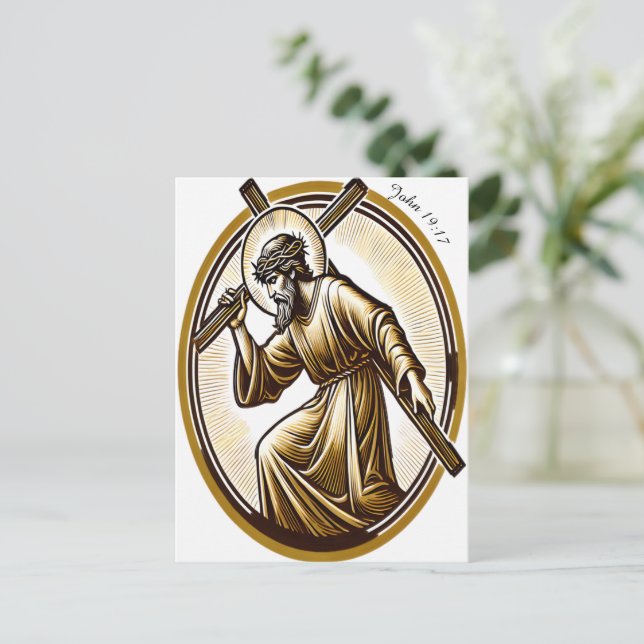 Cartão Postal Jesus Segurando Dourada Cruz Reverendentemente (Em pé/Frente)