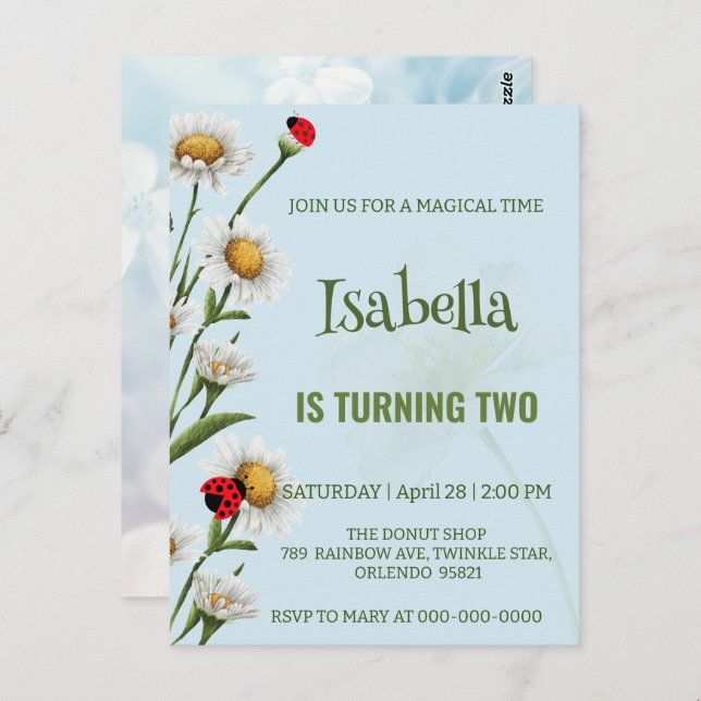 Cartão Postal Joaninha de bolinhas azul Cute Daisy Aniversário i (Frente/Verso)