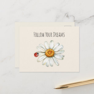 Cartão Postal Joaninha Preta Vermelha Flor de Margarida