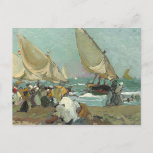Cartão Postal Joaquin Sorolla - Barcos na praia de Valência