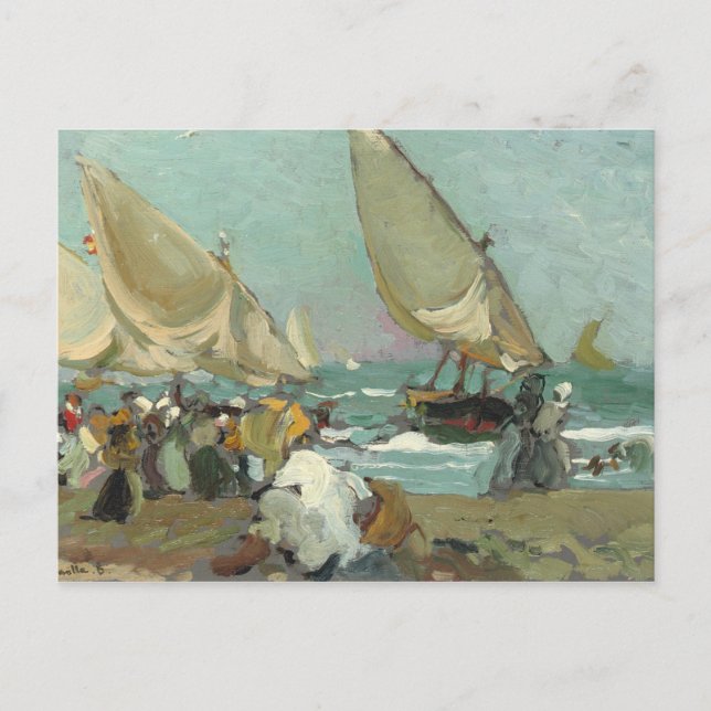 Cartão Postal Joaquin Sorolla - Barcos na praia de Valência (Frente)